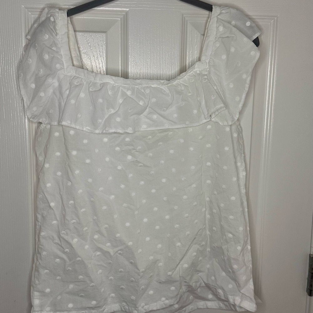 Ann Taylor White Swiss Dot Ruffle Blouse L Romantic Feminine Top - Picture 4 of 9